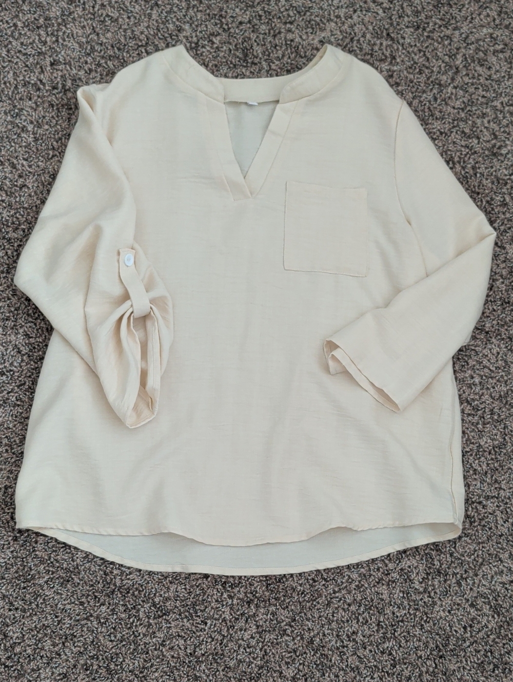 Light Cream V-Neck Roll-Sleeve Pocket Blouse for Women